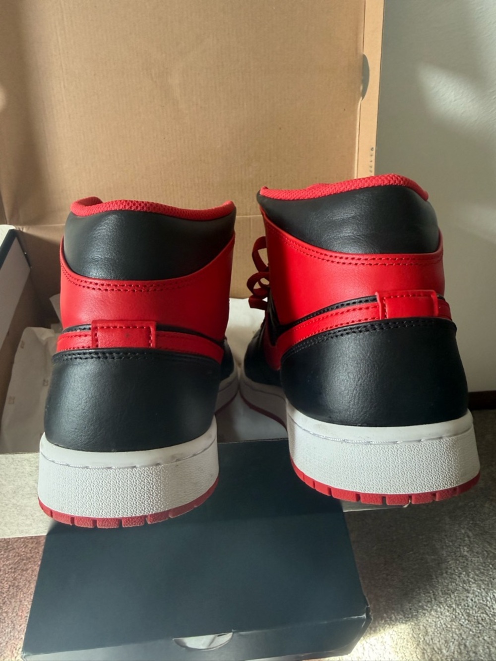 Jordan 1 Mid Nike Men’s Black and Red High-Top Sneakers - Picture 11 of 14
